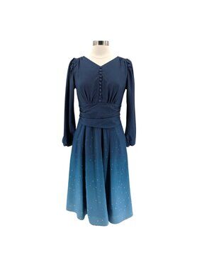 eShakti Womens 8 Dress Ombre Star Print A-Line Blue V-Neck Pockets Party Boho